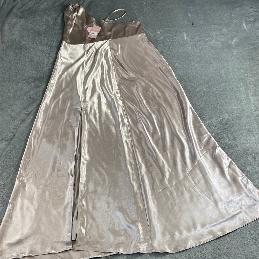 Birdy Grey Dress Women 2X Taupe Monica Halter Satin One Shoulder Maxi Slit‎ Gown